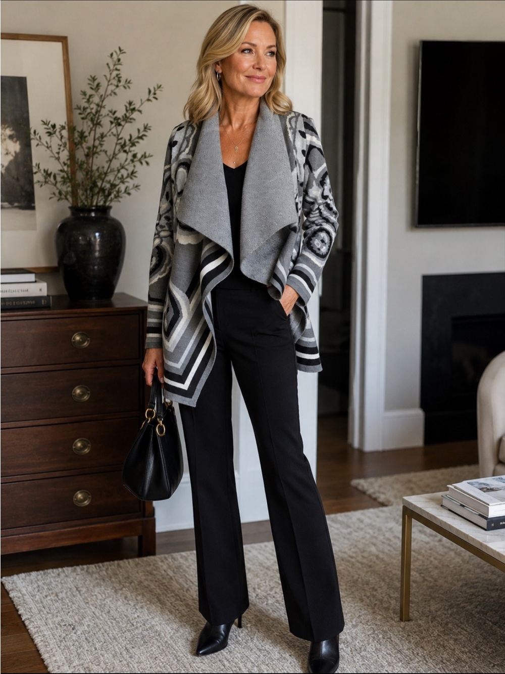 Bar III Gray and Black Draped Open-Front Geometric Cardigan Roomy size XS - S.
